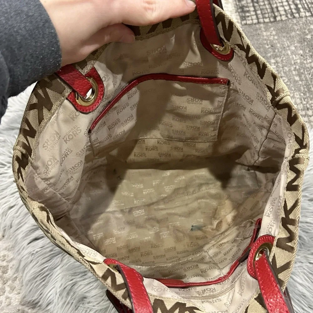 MK Michael‎ Kors Jet Set Signature Grab Bag Tote Tan/Red Jacquard Leather Y2K